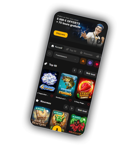 Lobby de Joka Casino avec machines a sous en vedette et banniere de bonus de bienvenue