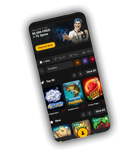 Joka Casino lobby with featured slots and welcome bonus banner